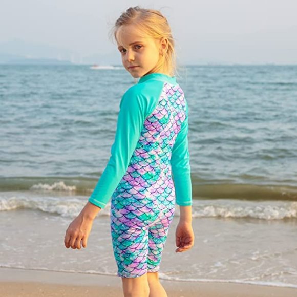 NWT! TFJH E Girls Swimsuit One Piece with Zipper Turquoise and Purple  A193-38 - Picture 2 of 11